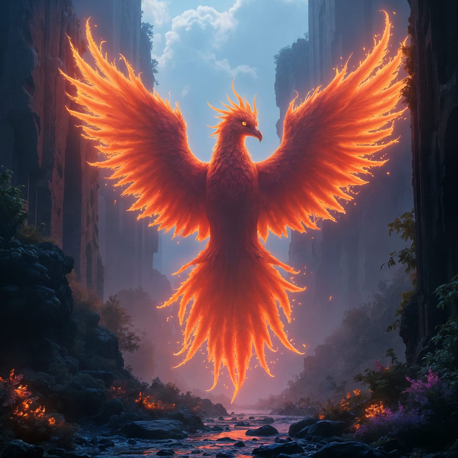 Phoenix Rising from Bioluminescent Ruins