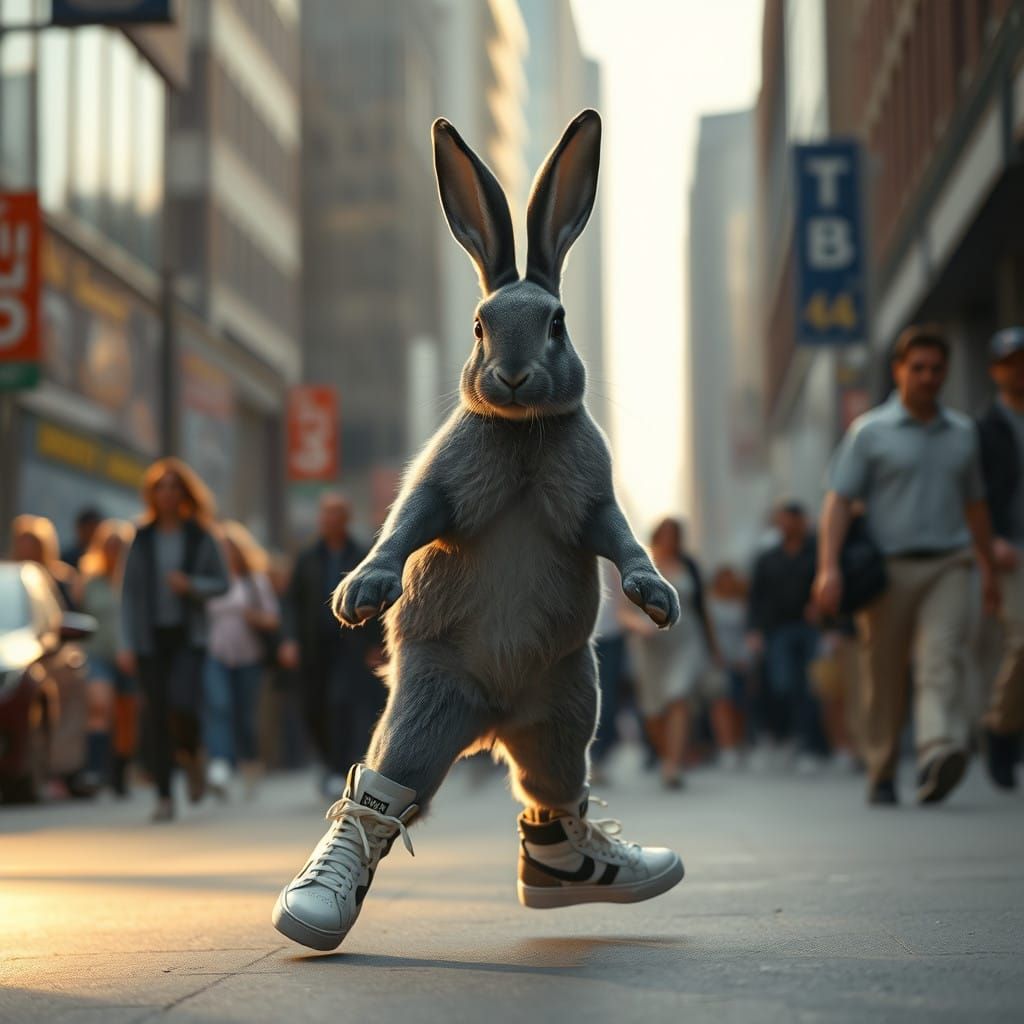 Grey Rabbit in City Street, Athletic Pose