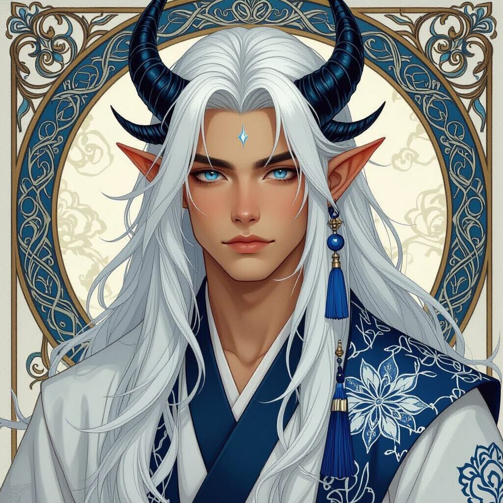 Man with White Hair, Blue Eyes, and Kimono in Elegant Style