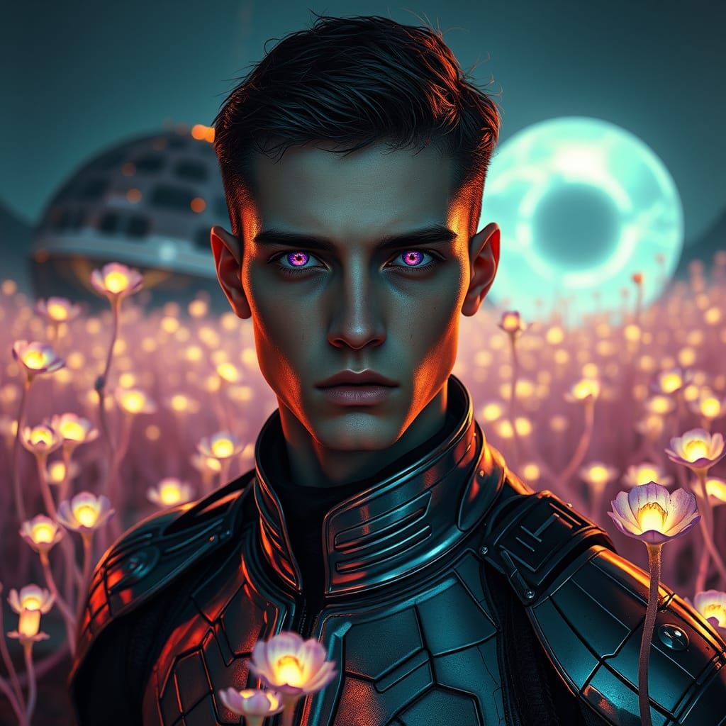 Young Man Surrounded by Alien Bioluminescent Flora in a Futu...