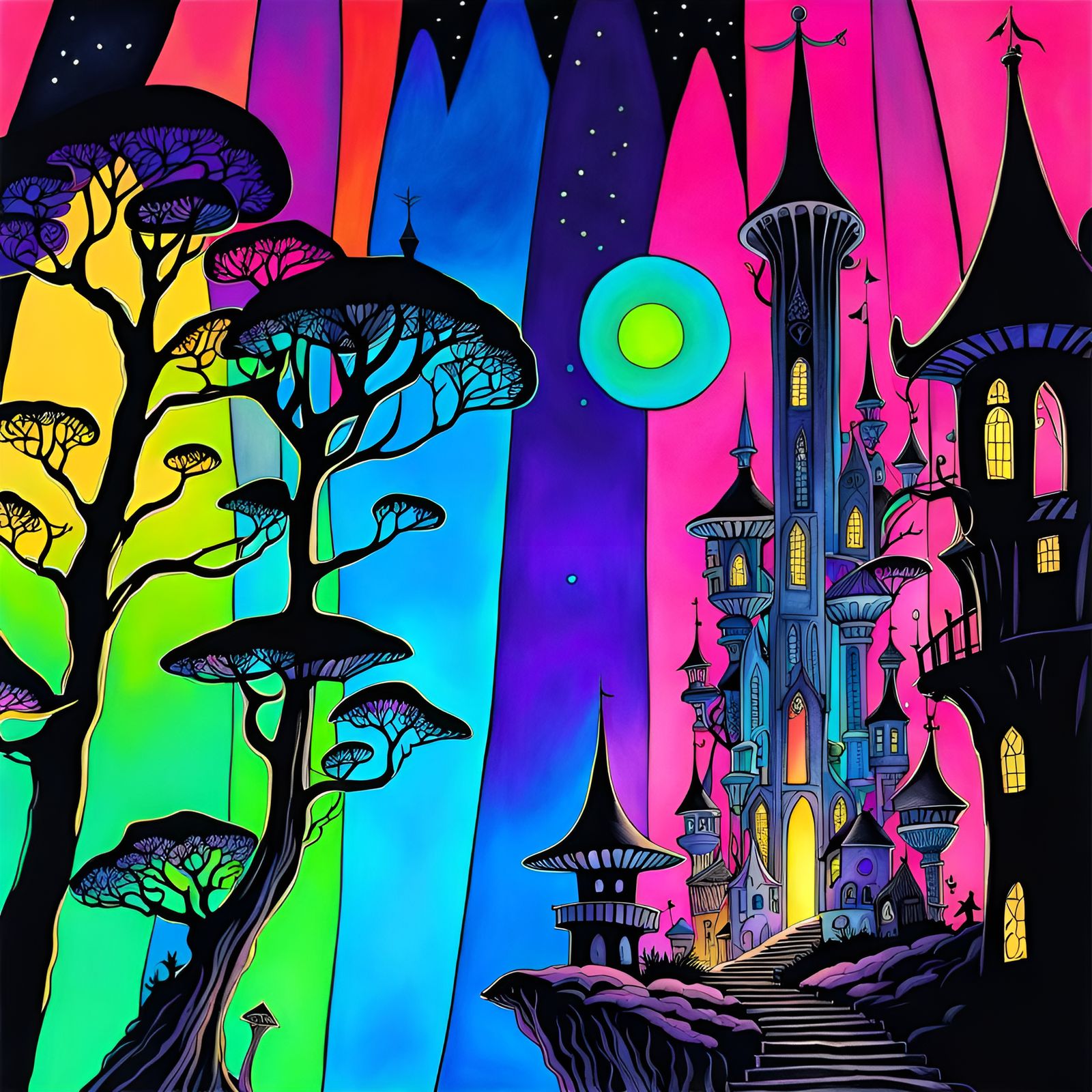 Fantastical fantasy fairy town on a steep hillside, neon bla...