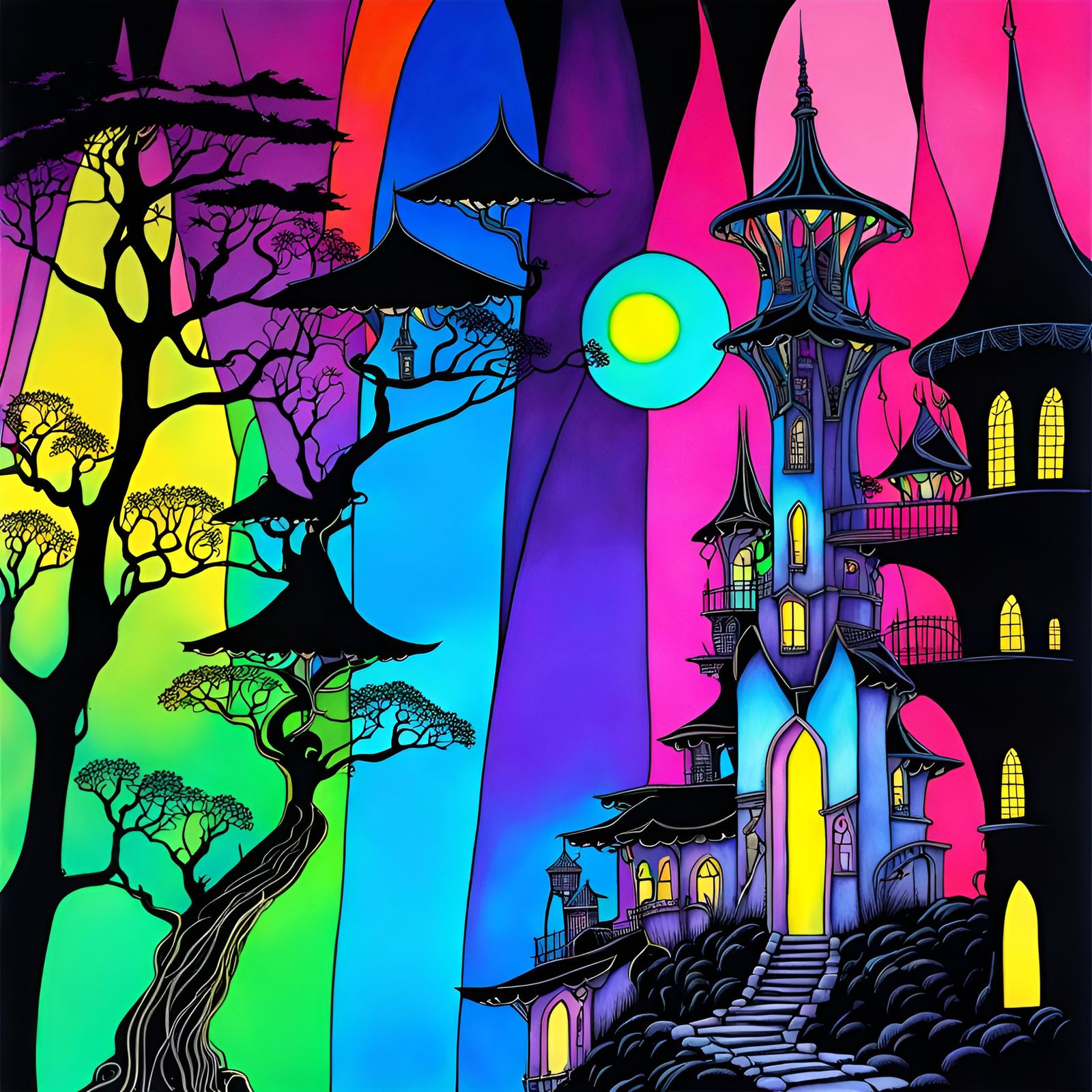 Fantastical fantasy fairy town on a steep hillside, neon bla...