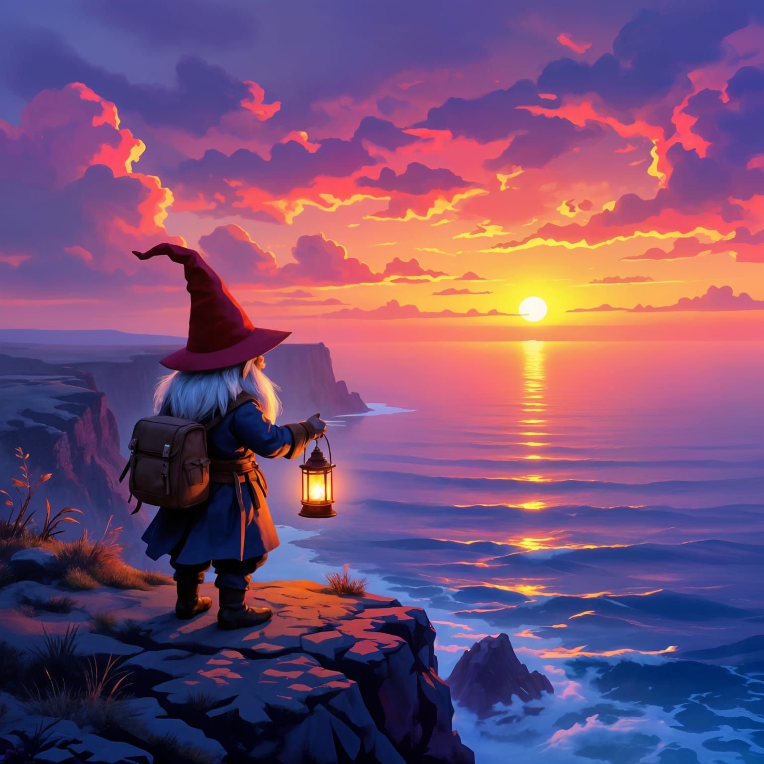 Gnome Resting Over Dreamlike Ocean at Sunset