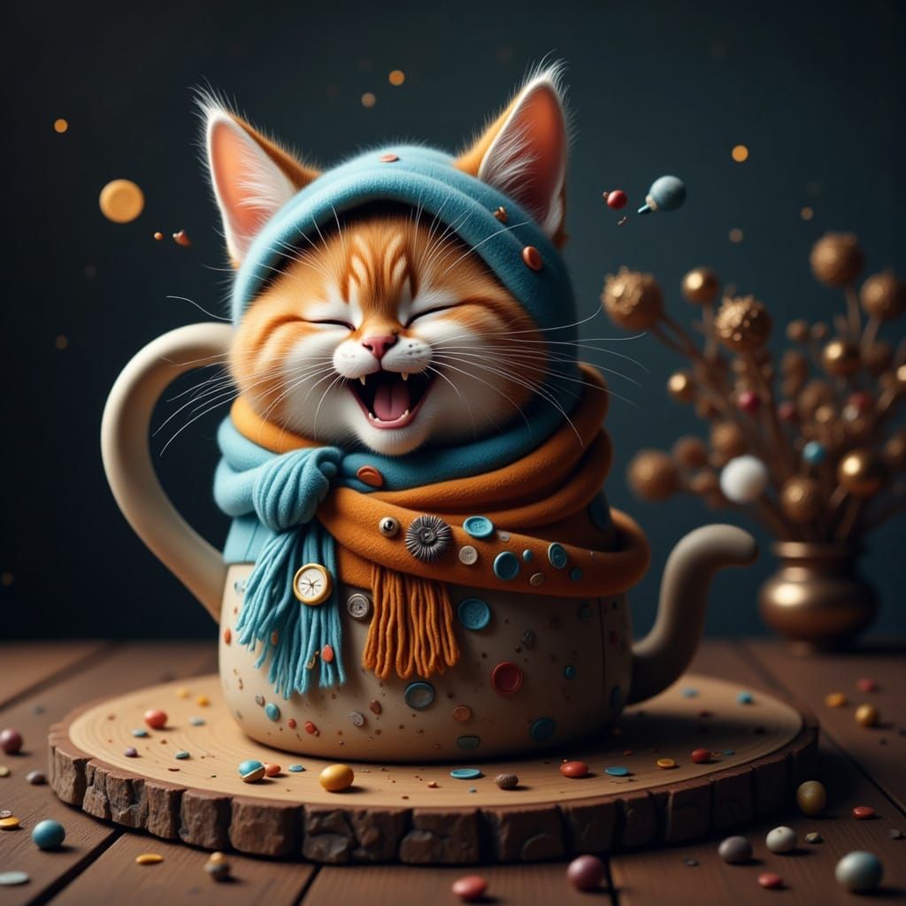 Adorable Cartoon Cat on a Mug in Pencil Drawing Style