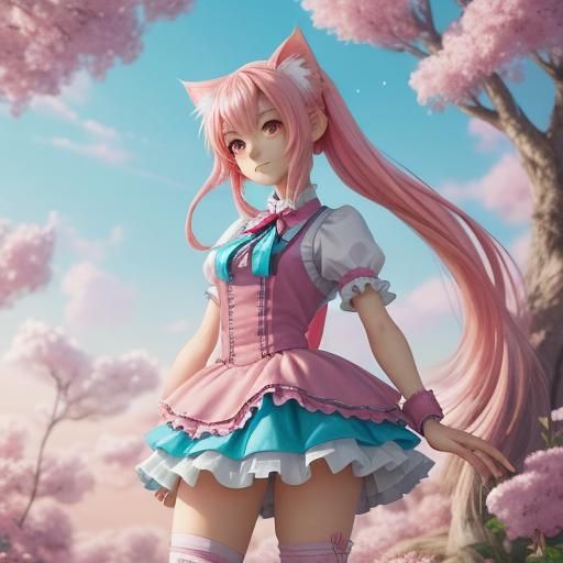 Cute Anime Cat Girl in Pastel Kawaii Style