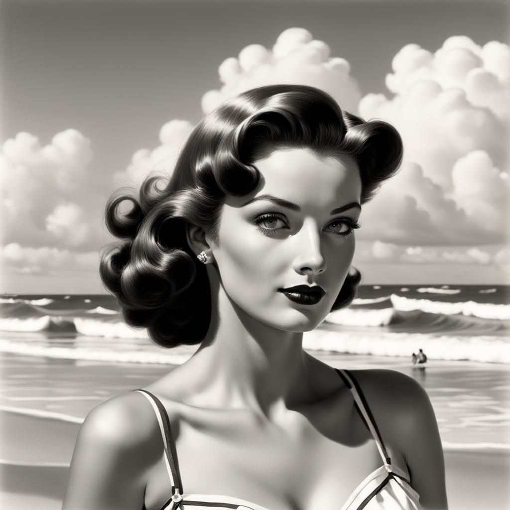 Beautiful Woman Portrait in Pin-Up Style on Beach