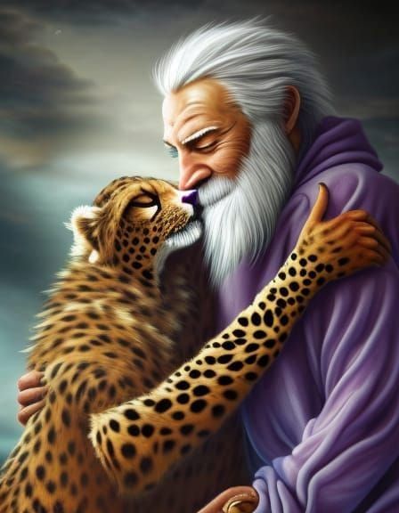 Wizard and Cheetah-Woman Embrace: Hyperrealistic Digital Art