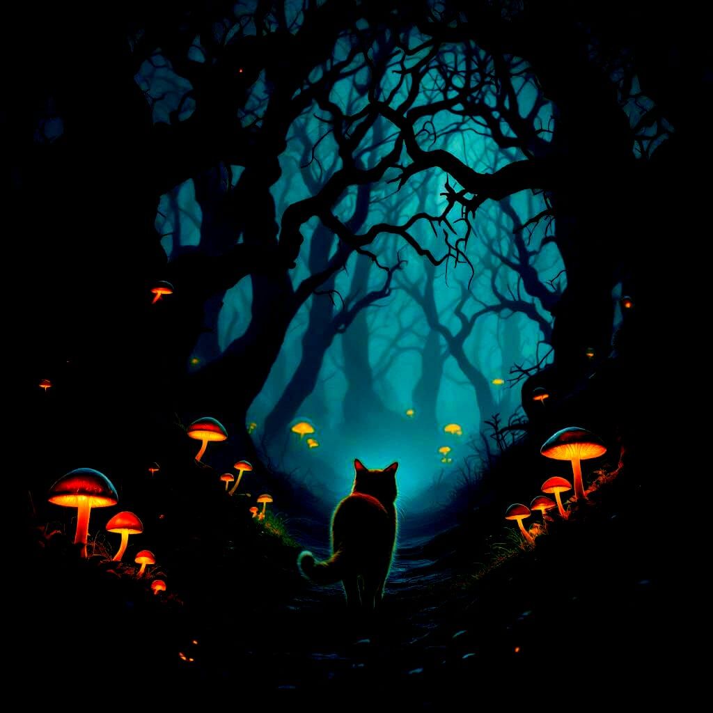 Solitary Cat in Gloomy Forest with Glowing Mushrooms