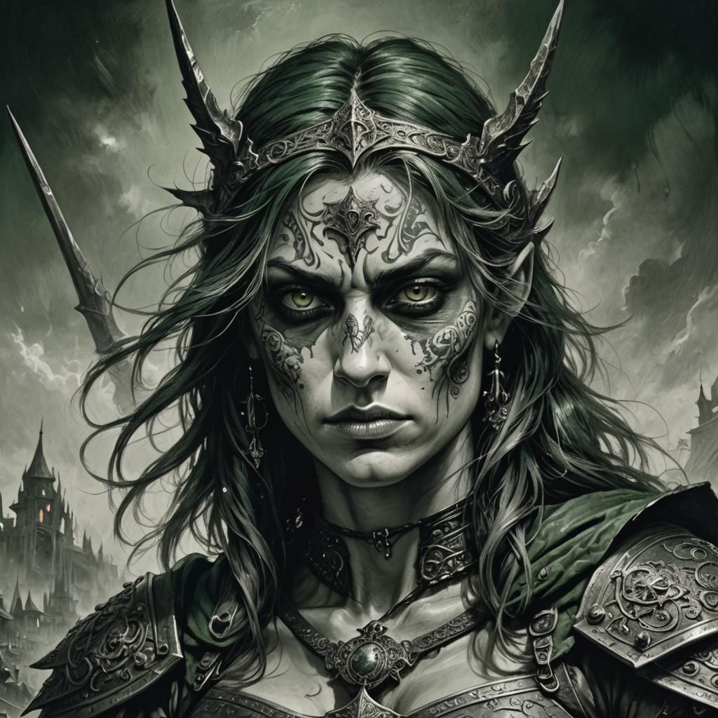 Tattooed Female Warrior with White Eyes: Horror Art