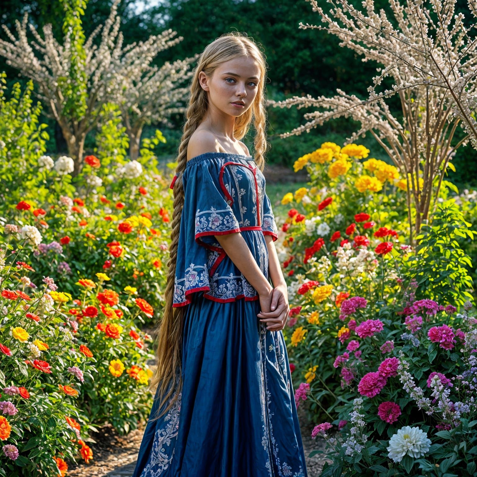 Blonde Girl with Braids in Garden: Photorealistic Image
