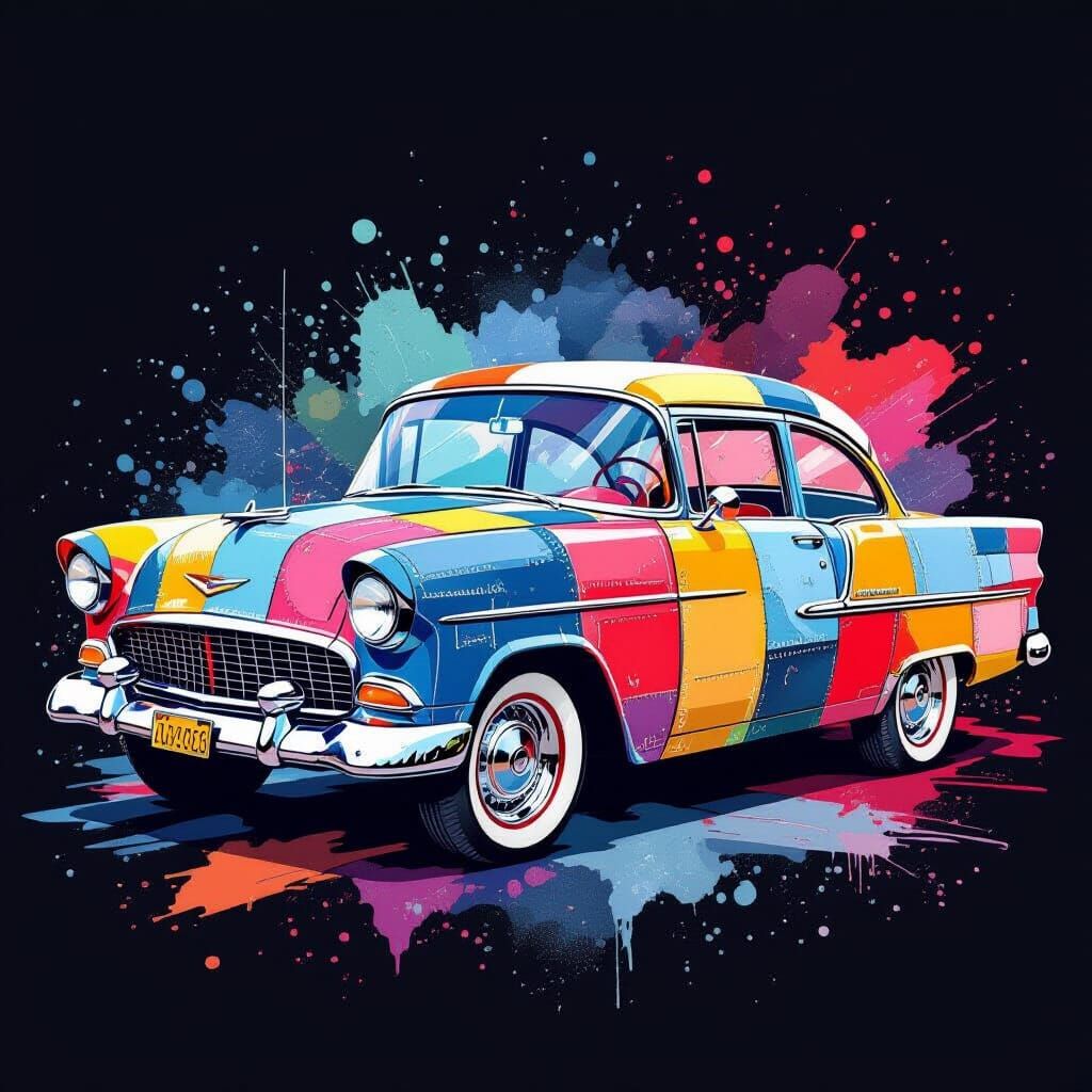 Retro Denim Car on Black, Watercolor Style