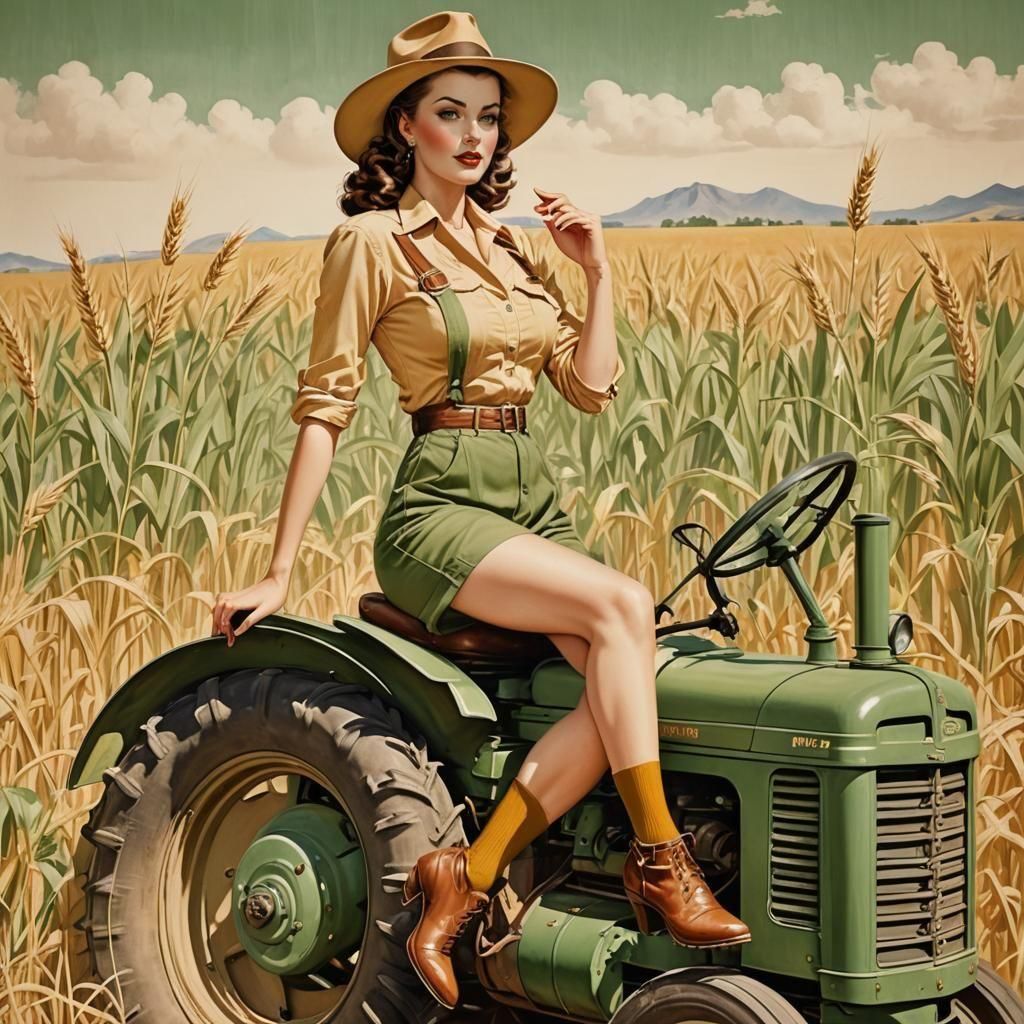 1940s Pinup Land Girl on Tractor, Vargas Style