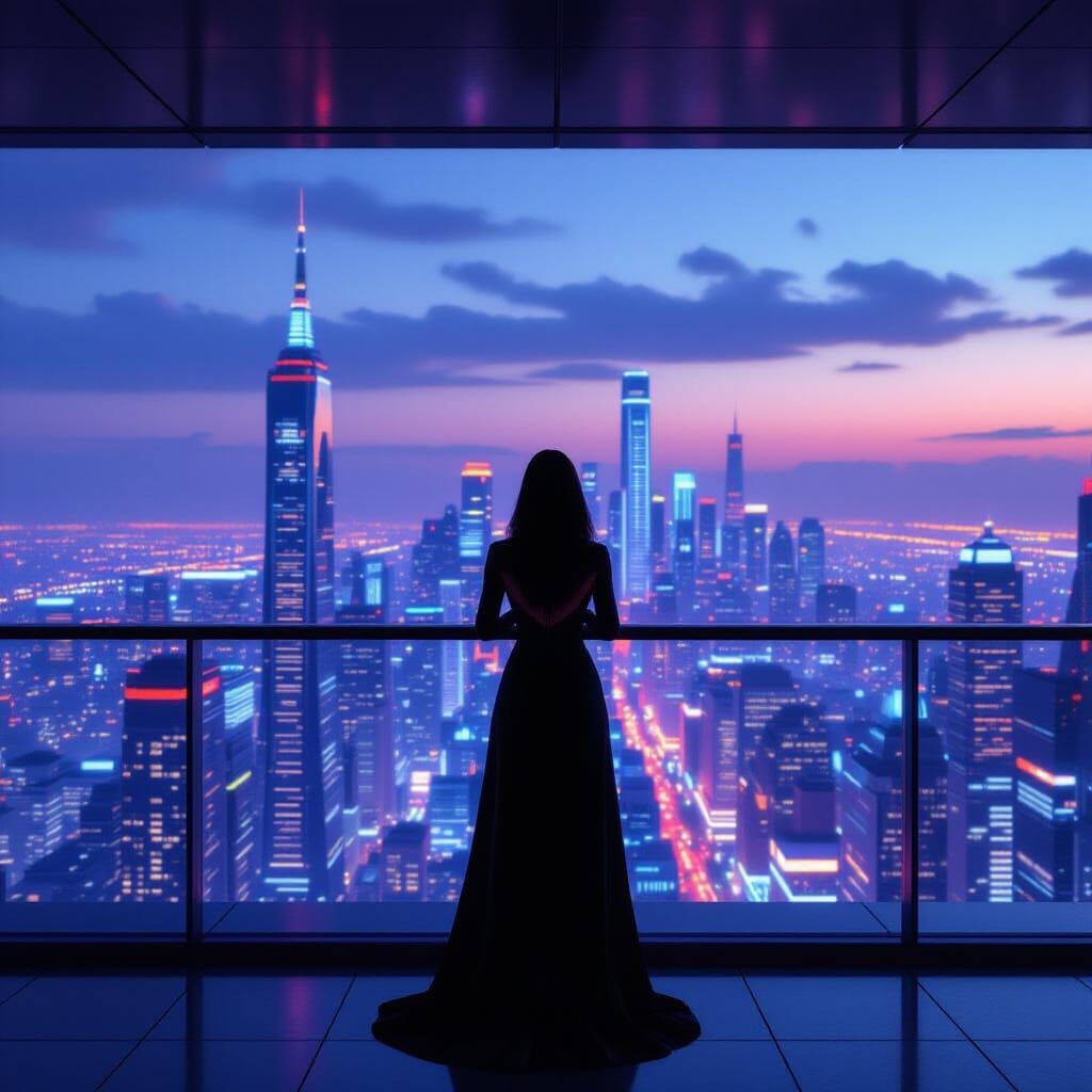 Stoic Woman Overlooks Neon Cyberpunk City at Dusk