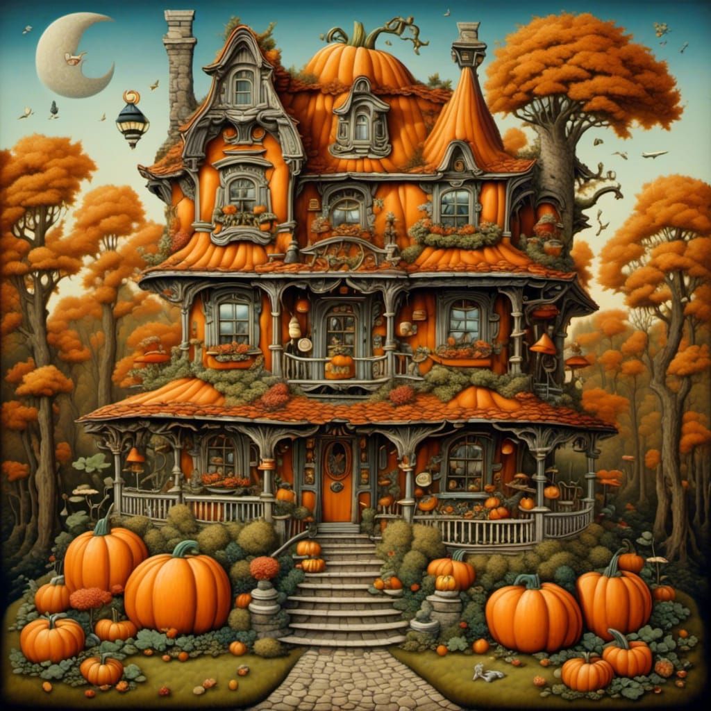 Whimsical Pumpkin House with Gnome in Pen and Ink
