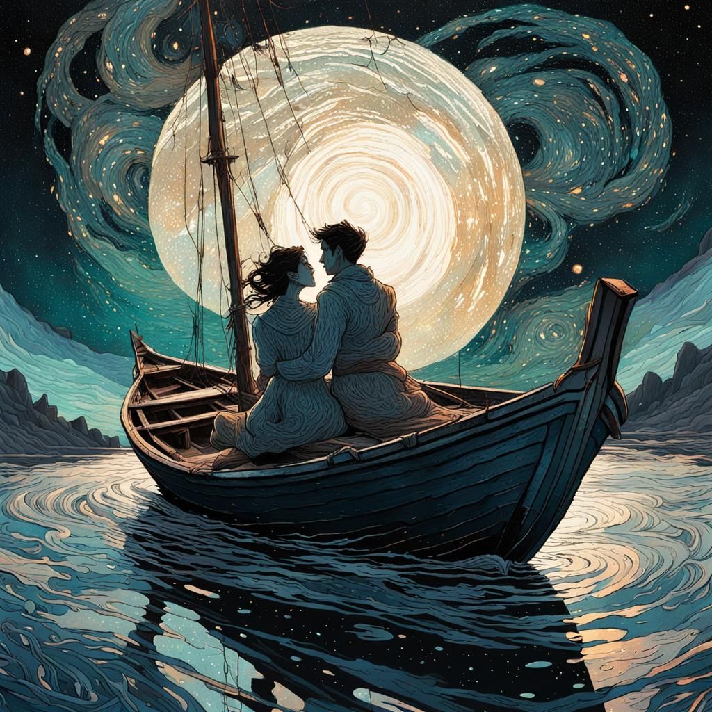 Lovers Under Galaxy Sky in Impressionist Gouache