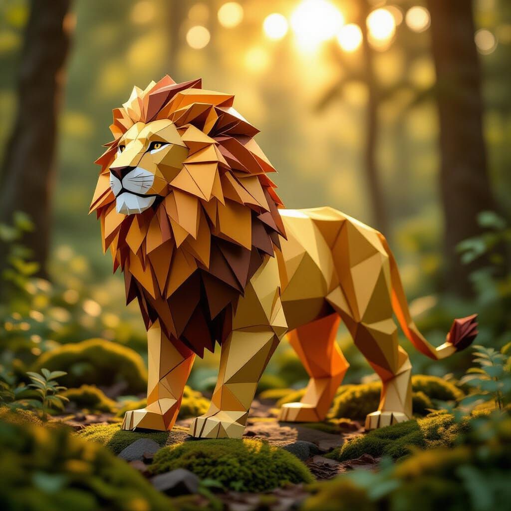 Modular Origami Lion in Rich Gold and Amber Tones