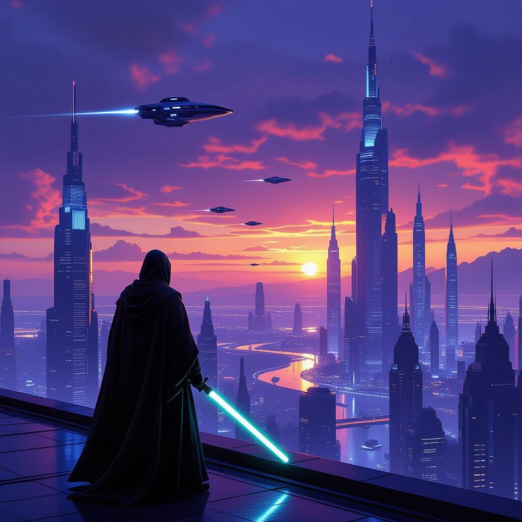 Jedi Knight Overlooks Futuristic City at Dusk