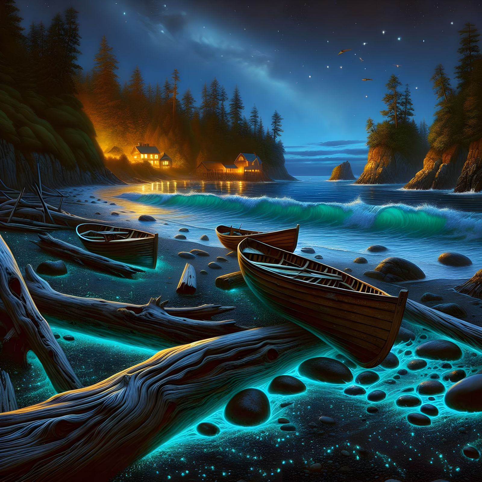 Bioluminescent Beach at Night: Pacific Northwest Scene