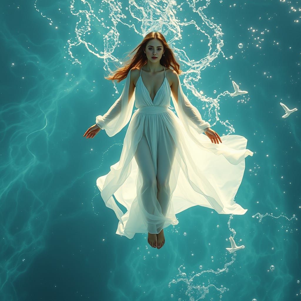 Ethereal Water Goddess in Weightless, Dreamy Atmosphere