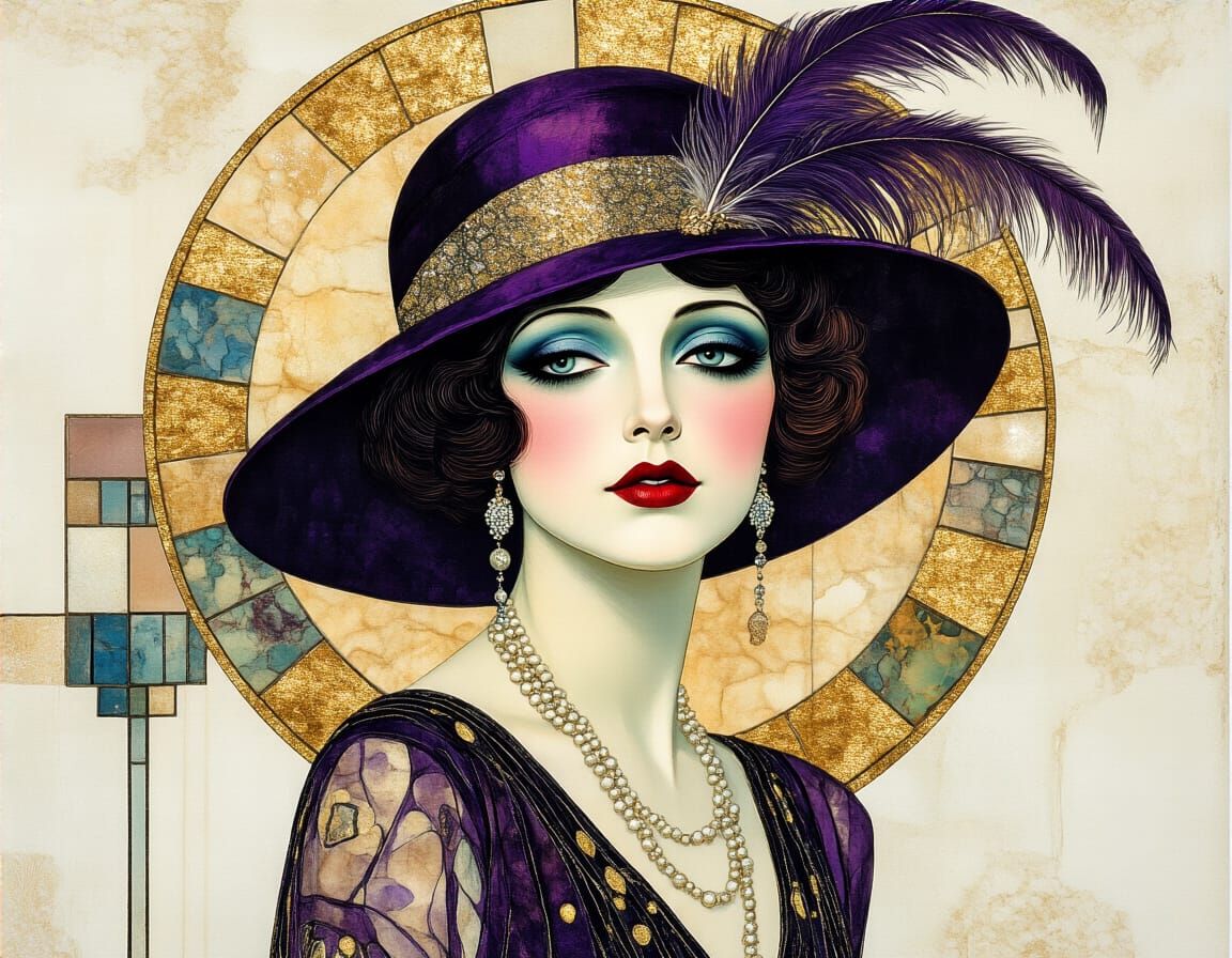 Klimt-Inspired Woman in Feathered Hat
