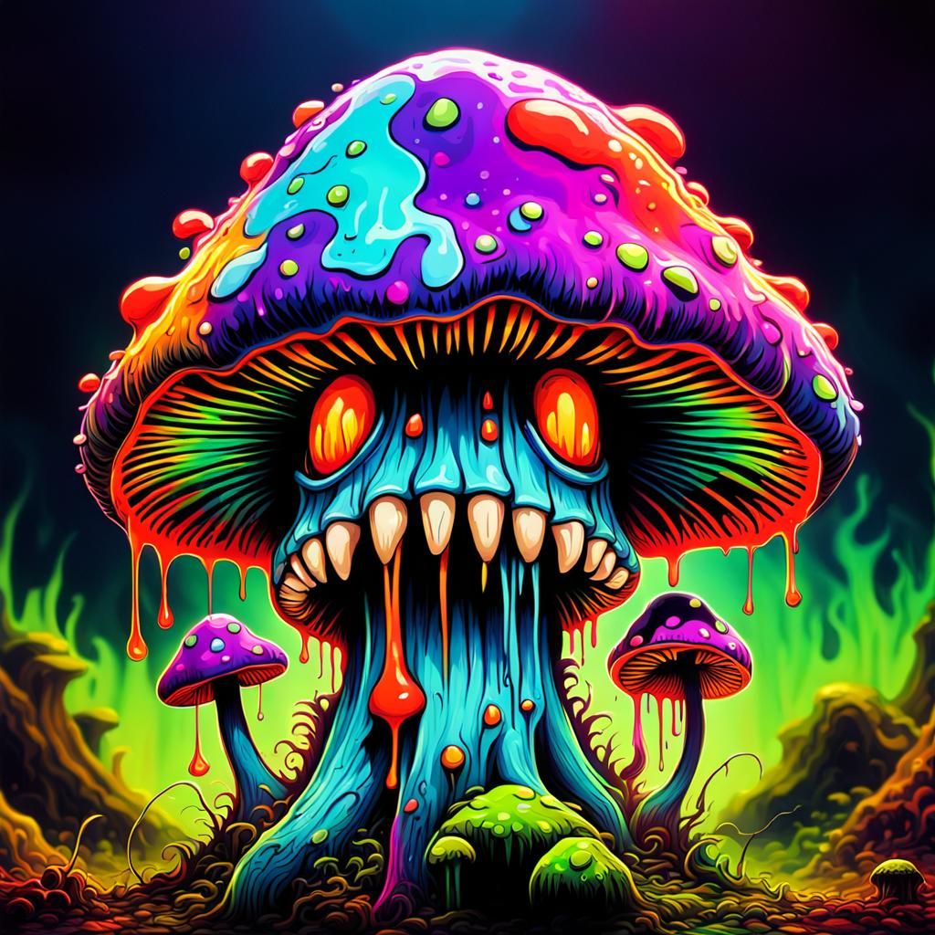 Trippy Psychedelic Monster Mushroom in Vivid Neon