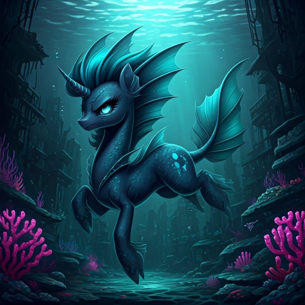 Dystopian Pony Mermaid in Ruined City