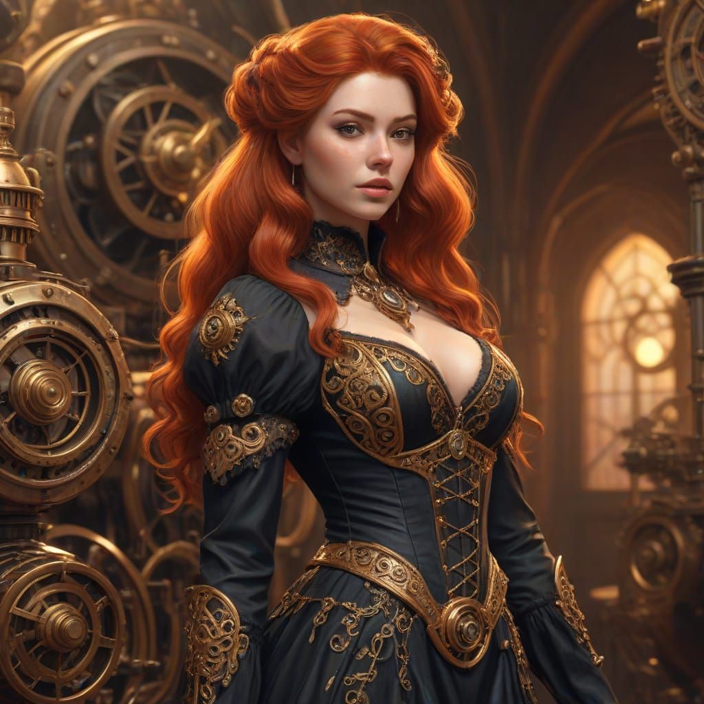 Redheaded Witch in Gilded Gown Before Steampunk Engine