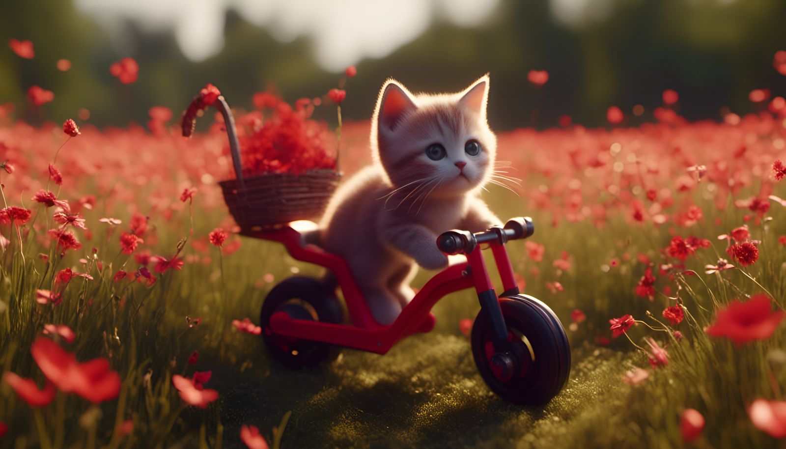 Kitten on Toy Bike Surrounded by Red Kittens