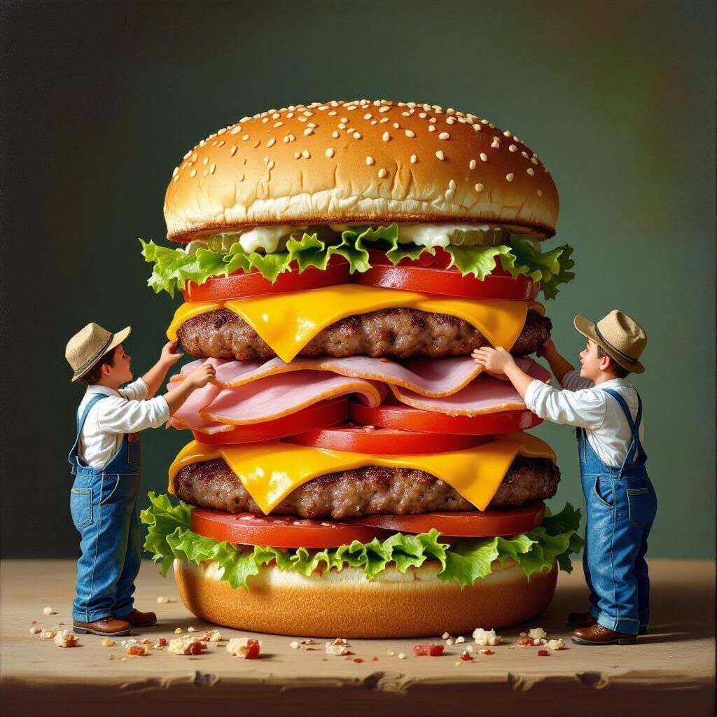 Tiny Workers Assemble Giant Hamburger in Illustrative Style