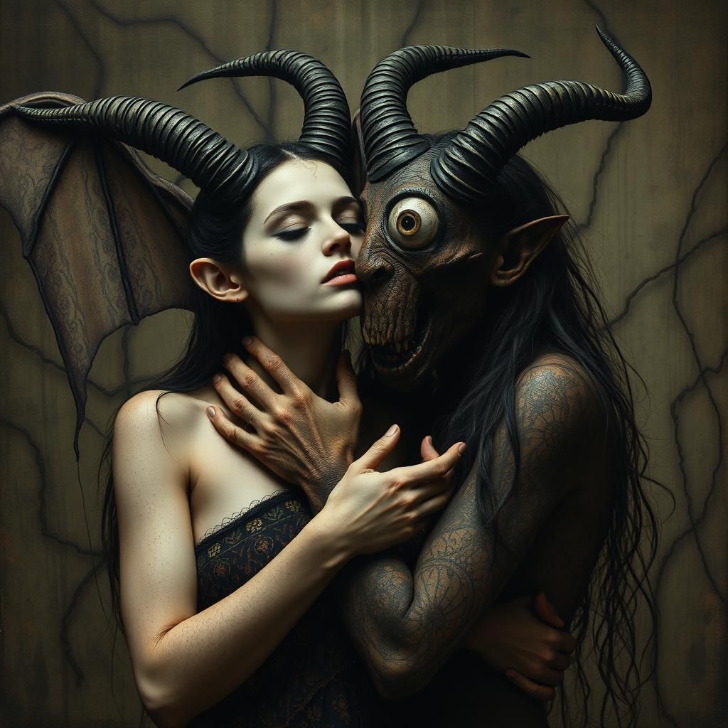 Surreal Embrace: Demons in a Detailed Entangled Style
