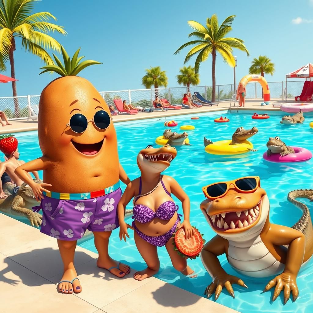 Peter potato goes to the swimming baths with Emily the straw...