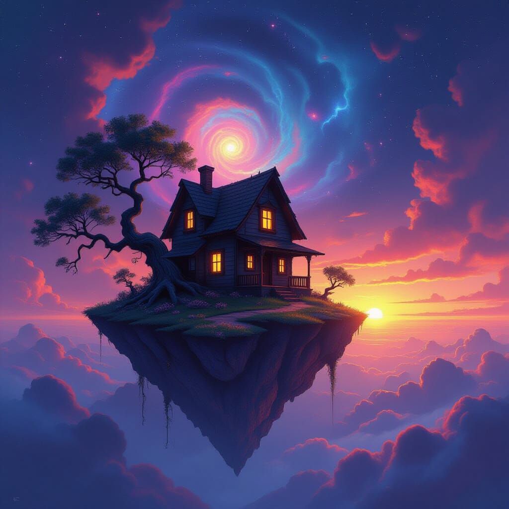 Solitary House on Floating Island in Nebula