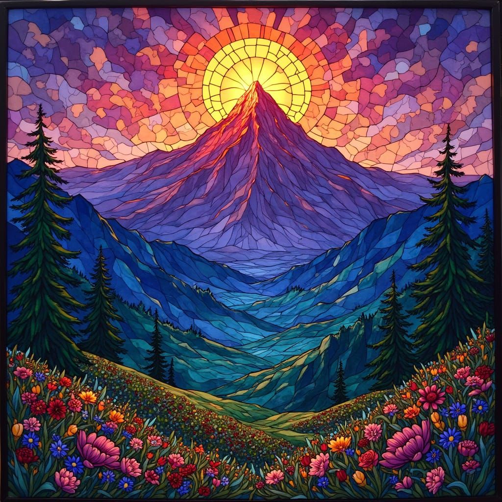 Stained Glass Mountain Peak in Art Nouveau Style