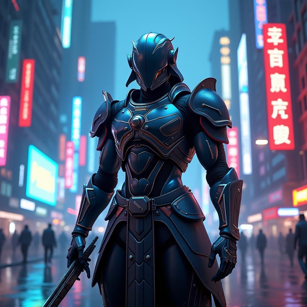 Cyber Samurai in Neon Cityscape