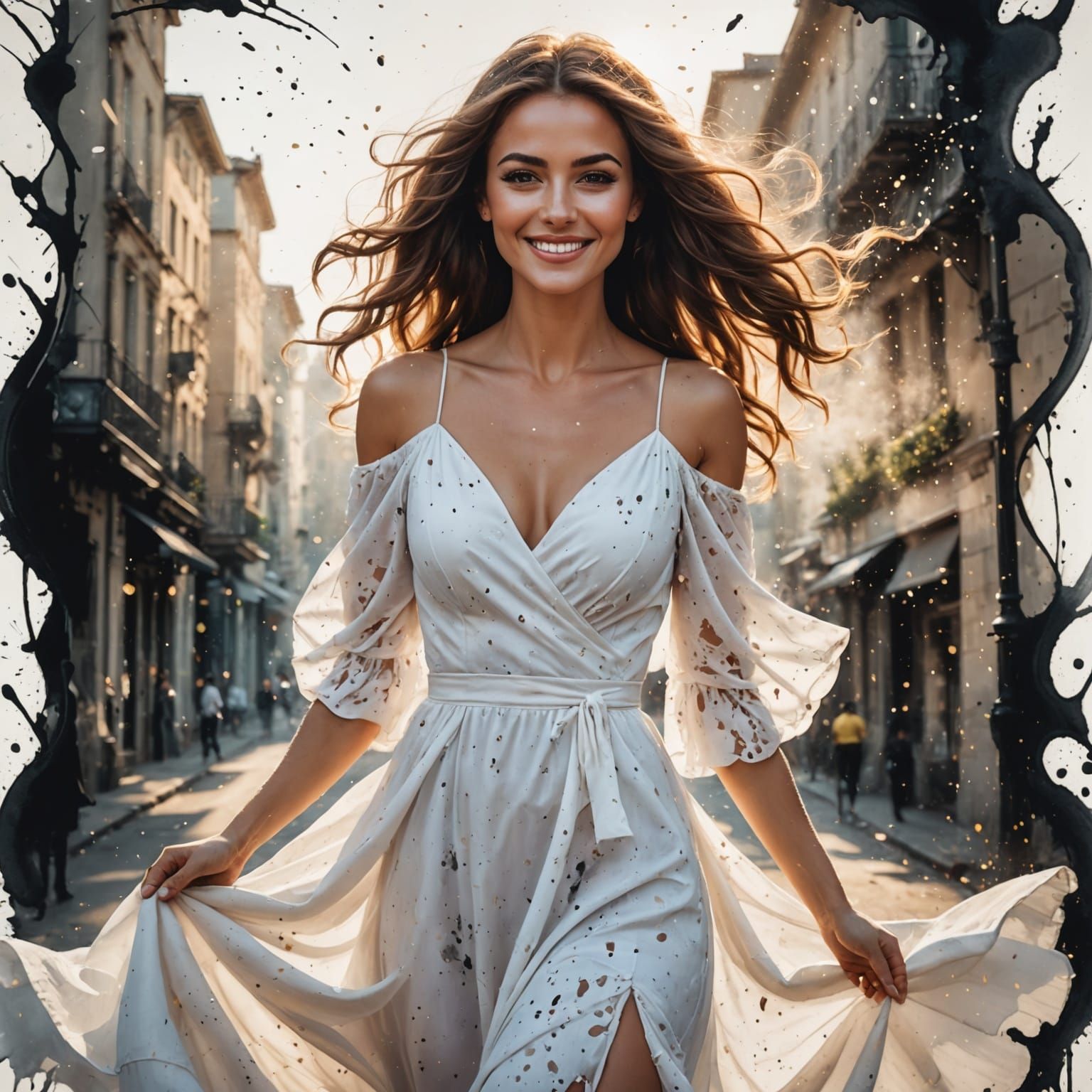 Ethereal Morning Goddess in Ink Splatter Style