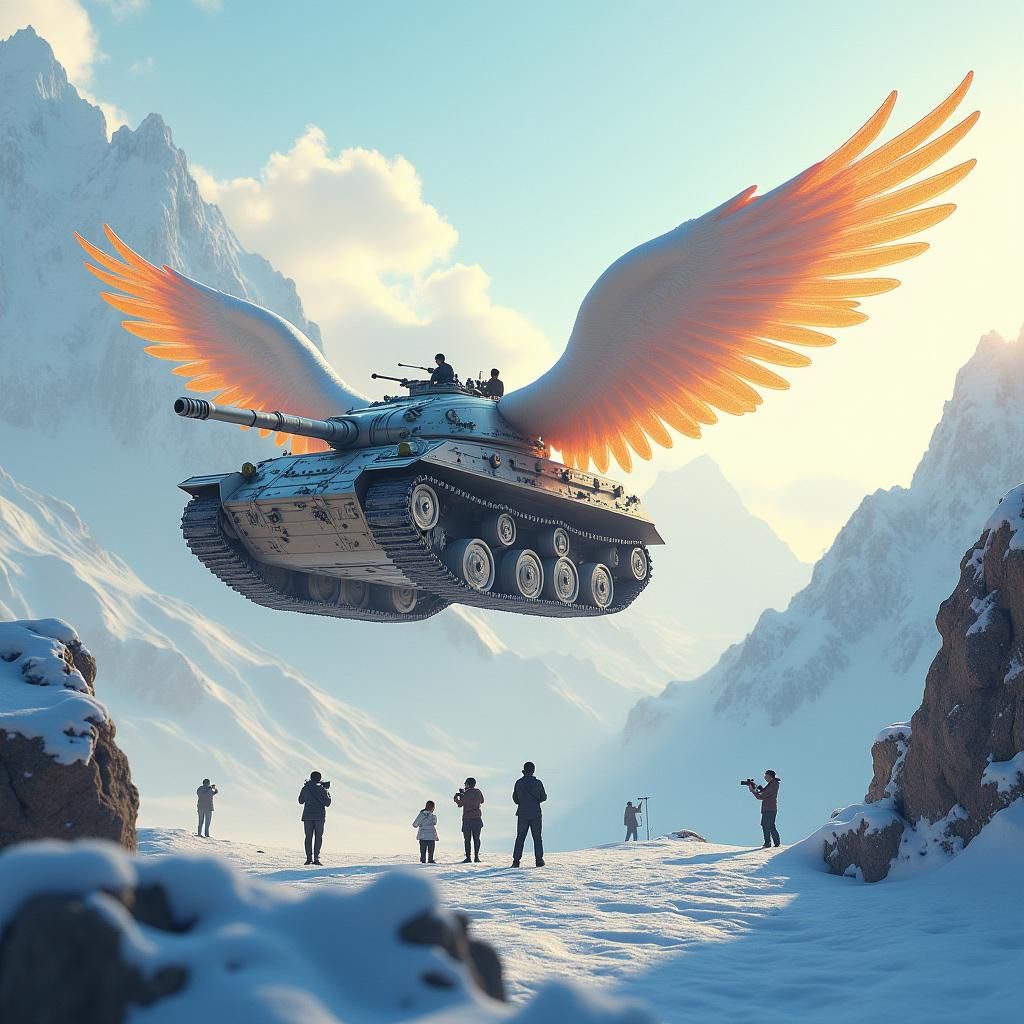Ornate Flying Tank Soaring Over Mountains