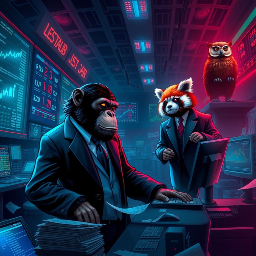 Suit-clad Chimpanzee and Red Panda in Futuristic Trading Flo...