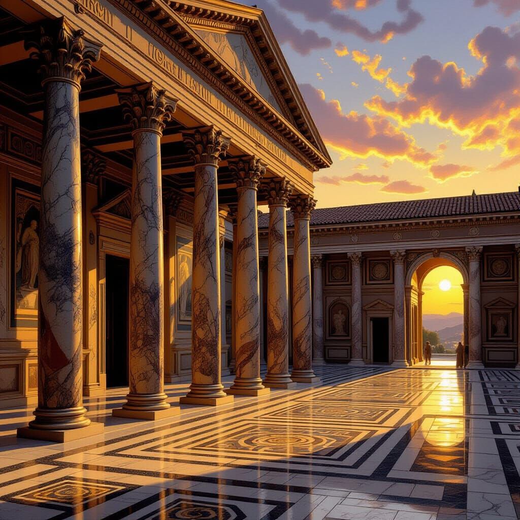 Grand Roman Palace at Sunset in Oil Painting Style