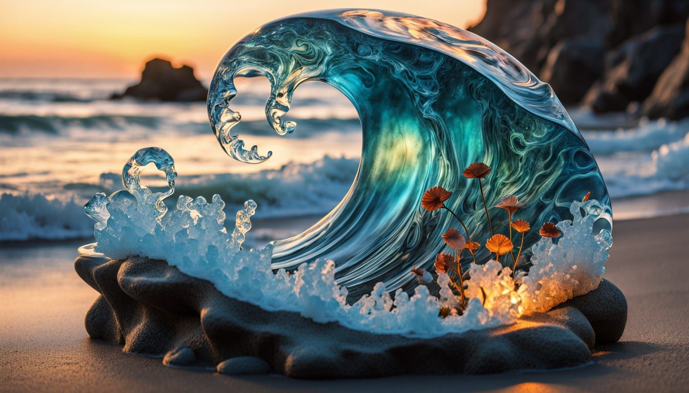 Surreal Sea Glass Wave Sculpture at Sunset