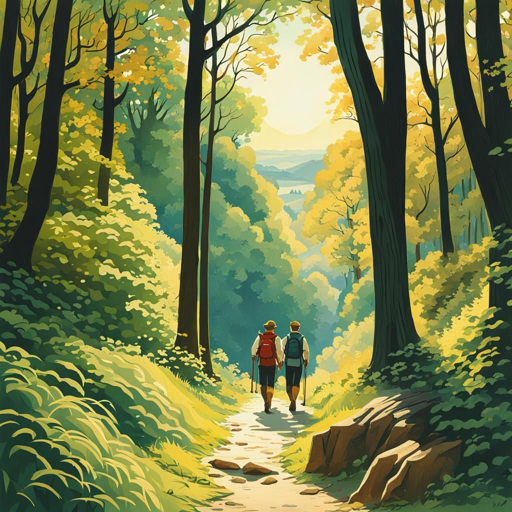 Couple Hiking in Sunny Woods, Art Nouveau Style