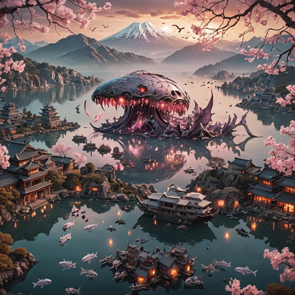 Eerie Sakura Tree with Glass Whale