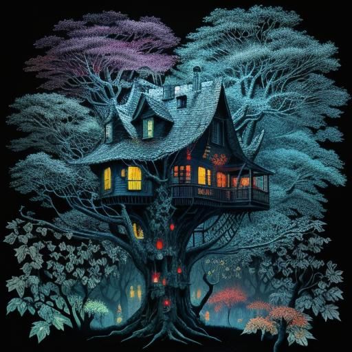 Creepy Surreal Treehouse in Detailed Watercolor Style