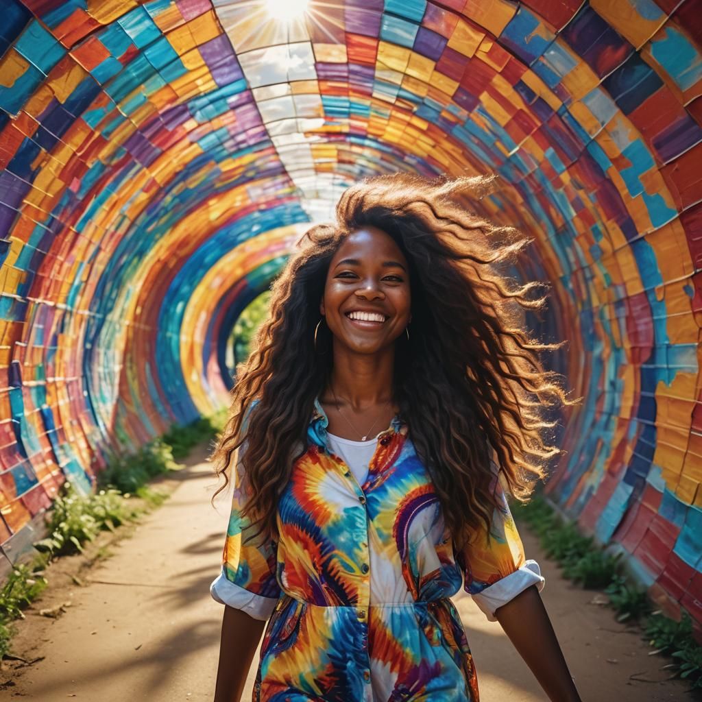 Smiling Woman Enters Luminescent Tunnel