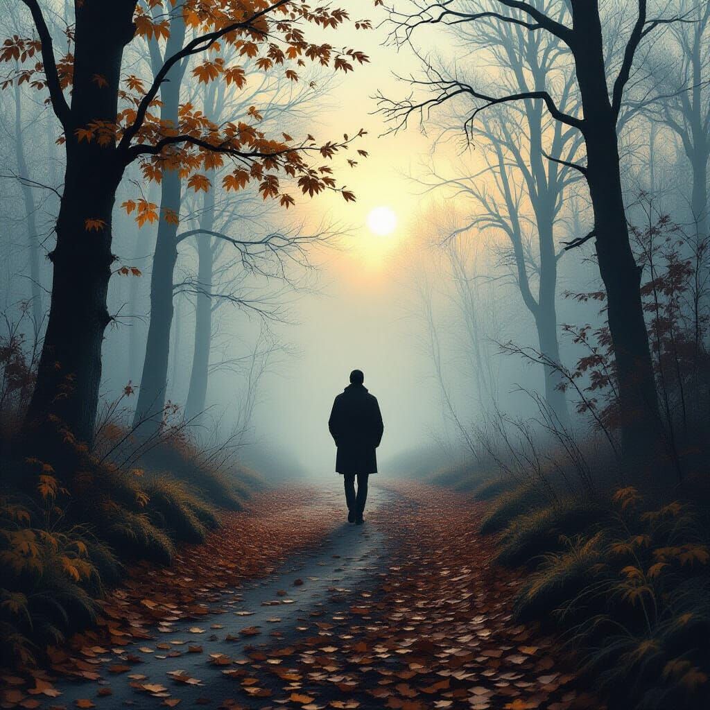 Solitary Figure in Foggy Autumn Landscape