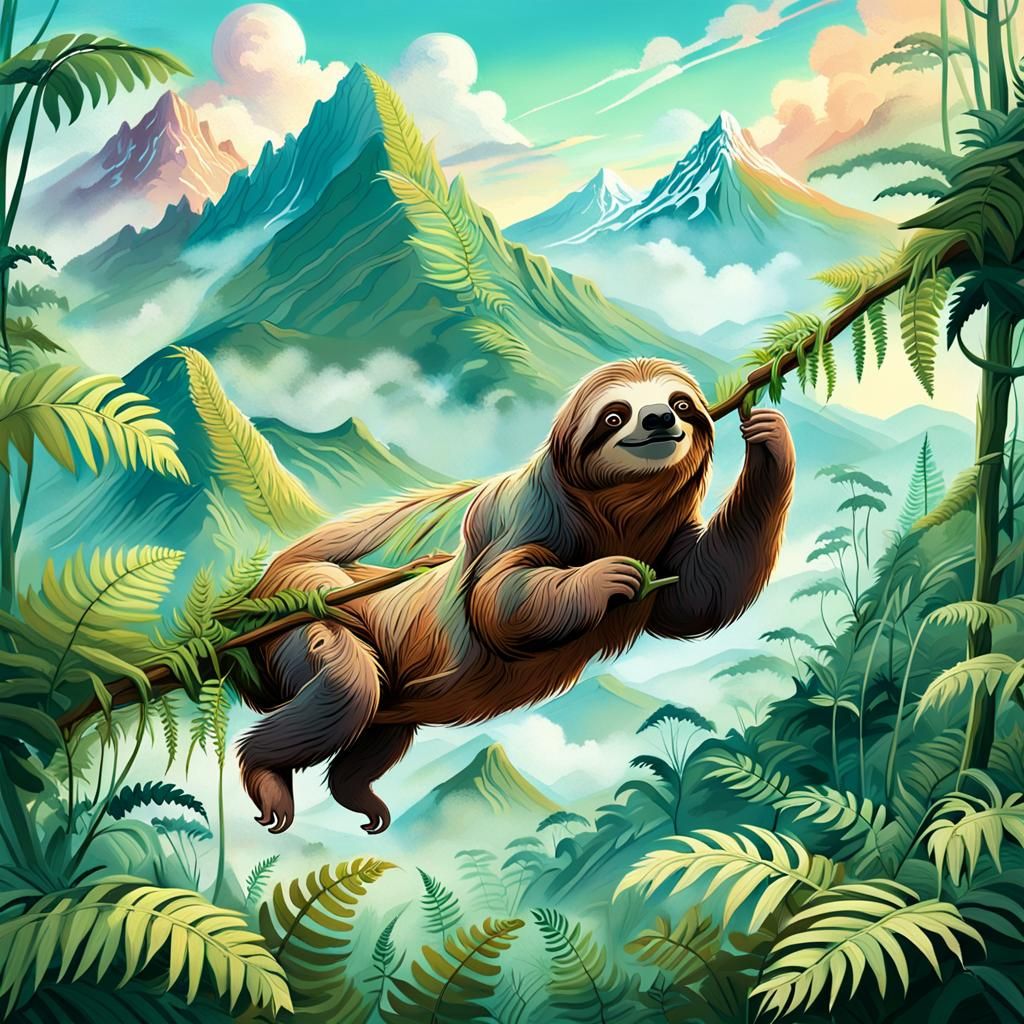 Playful Cartoon Sloth in Surreal Landscape