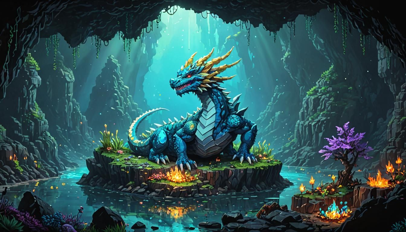 Pixelated Prismatic Dragon in Bioluminescent Cave