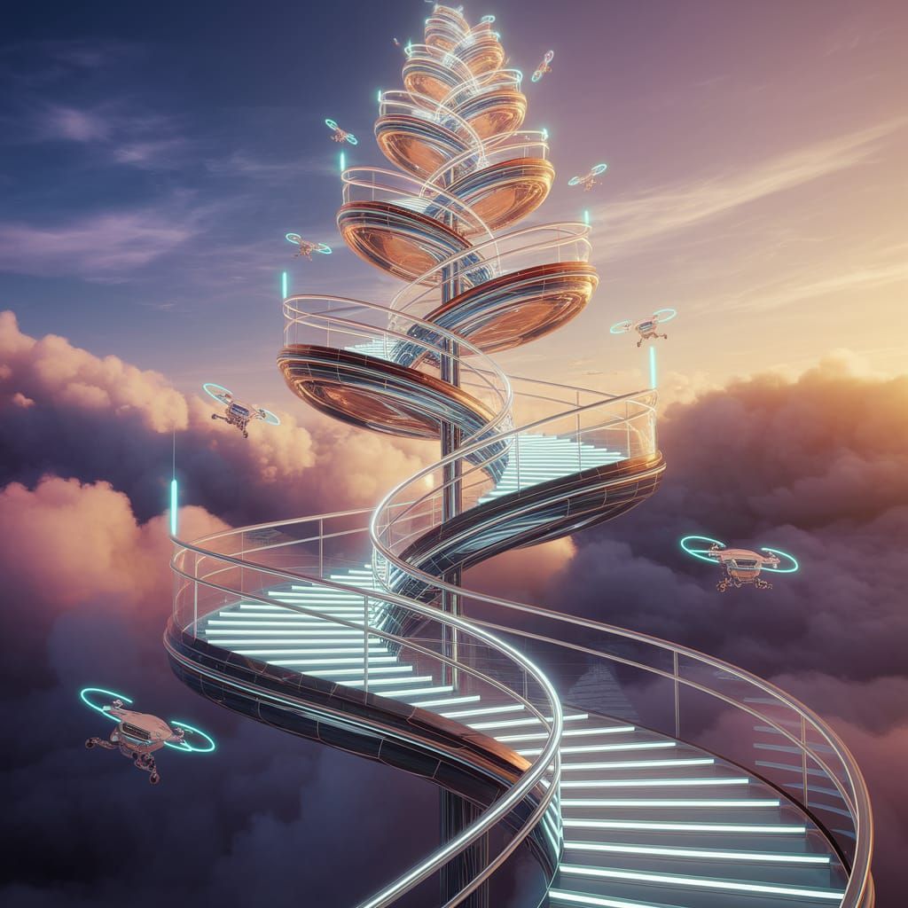 Futuristic Infinite Spiral Staircase Ascending to Sky