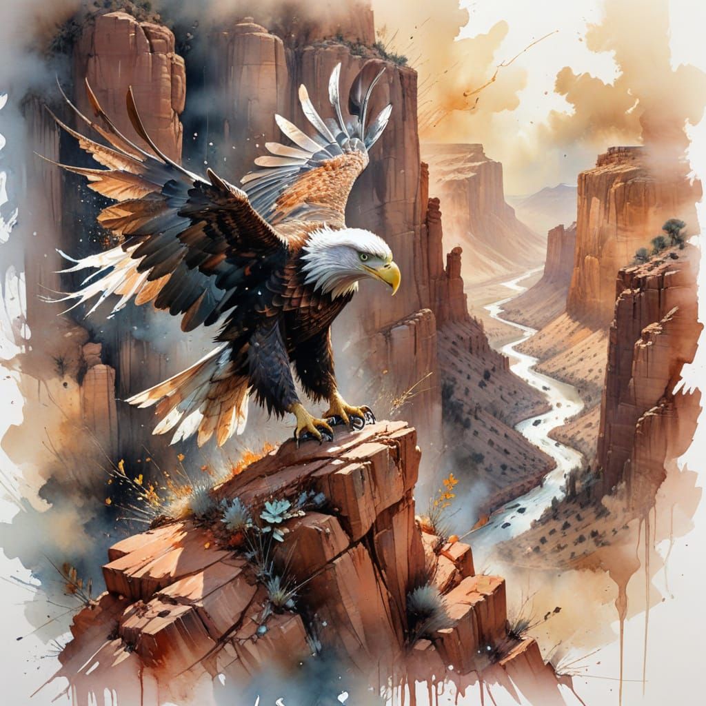Eagle Soaring Above Canyon in Watercolor Style