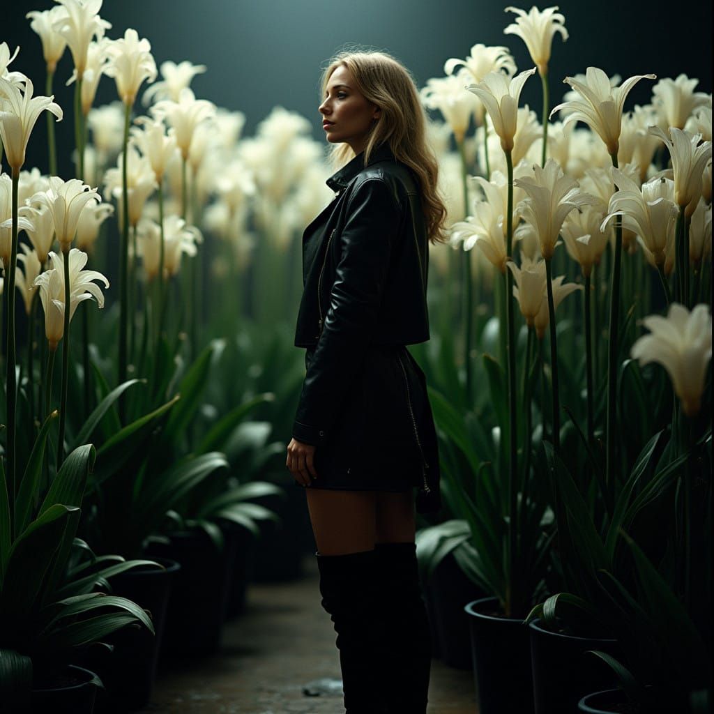 Kate Moss Amidst Dramatic Aspidistras in Moody Black Leather
