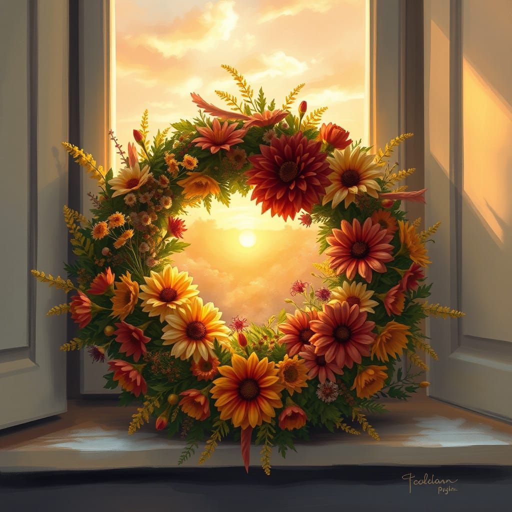 Radiant Autumn Christmas Wreath in Impressionist Style